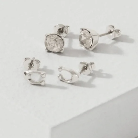 NWT Coach Signature C & Stone Stud Earrings Set - Picture 2 of 15